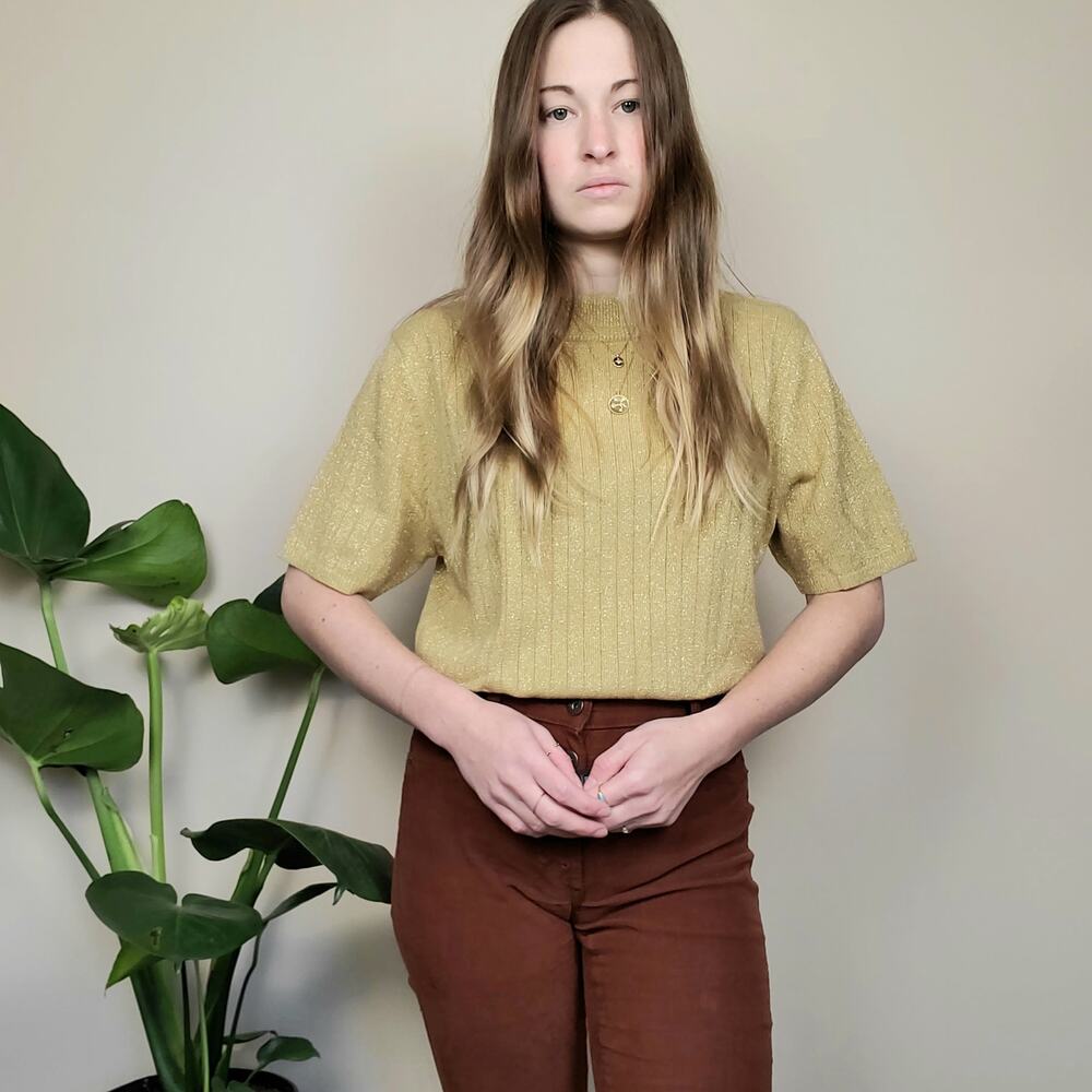 Vintage 80s 90s Mockneck Sweater Gold Sparkle Large